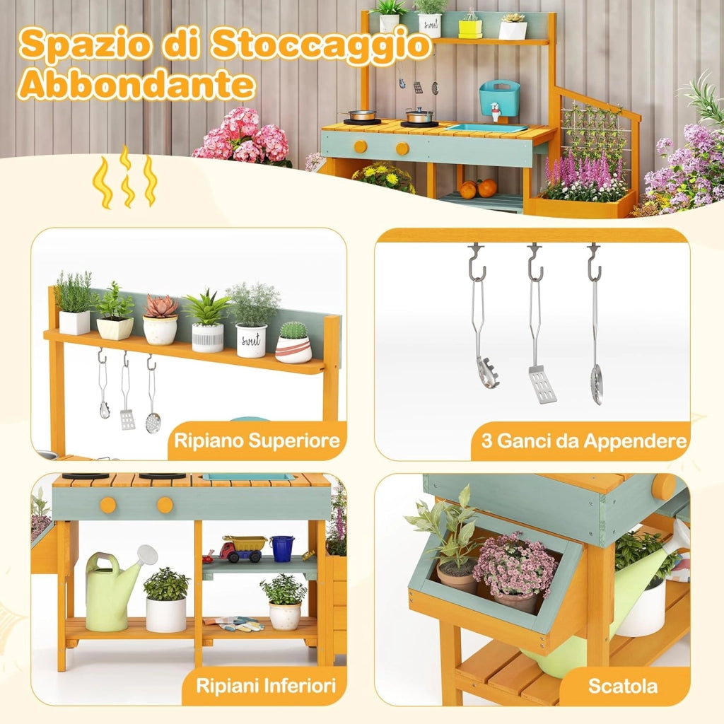 Cucina da Esterno in Legno per Bambini, Cucina da Gioco con Cassettiera per Piante, Lavandino Rimovibile, Rubinetto, Fornelli e Accessori, per Bambini 3-8 Anni (Verde Chiaro + Giallo)