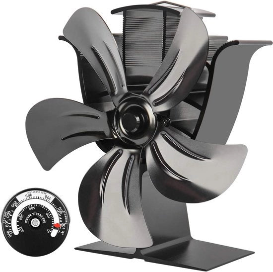 Ventilatore a 5 pale per camino e stufa a legna - ambientalmente compatibile e silenzioso - Nero - Classe di Efficienza Energetica A+++