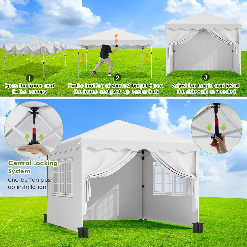 Gazebo 3x3 Pieghevole Impermeabile, Esterno Resistente Con 4 PCS Sacchi Di Sabbia, UV 50+, 4 Pareti Laterali - Per Giardino, Campeggio, Festival, Feste Bianco
