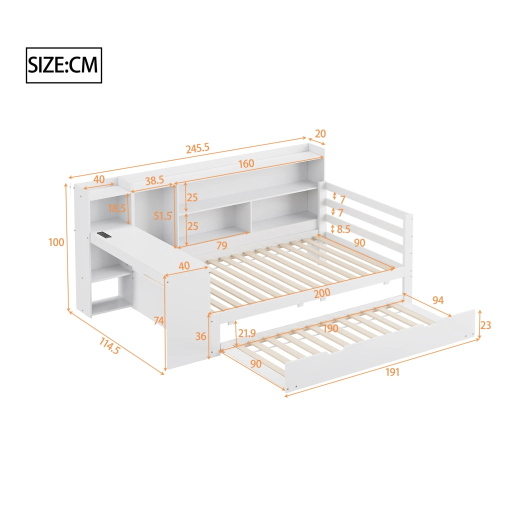 LETTO multifunzione 90x200 cm in legno massello bianco con scrivania e scaffali