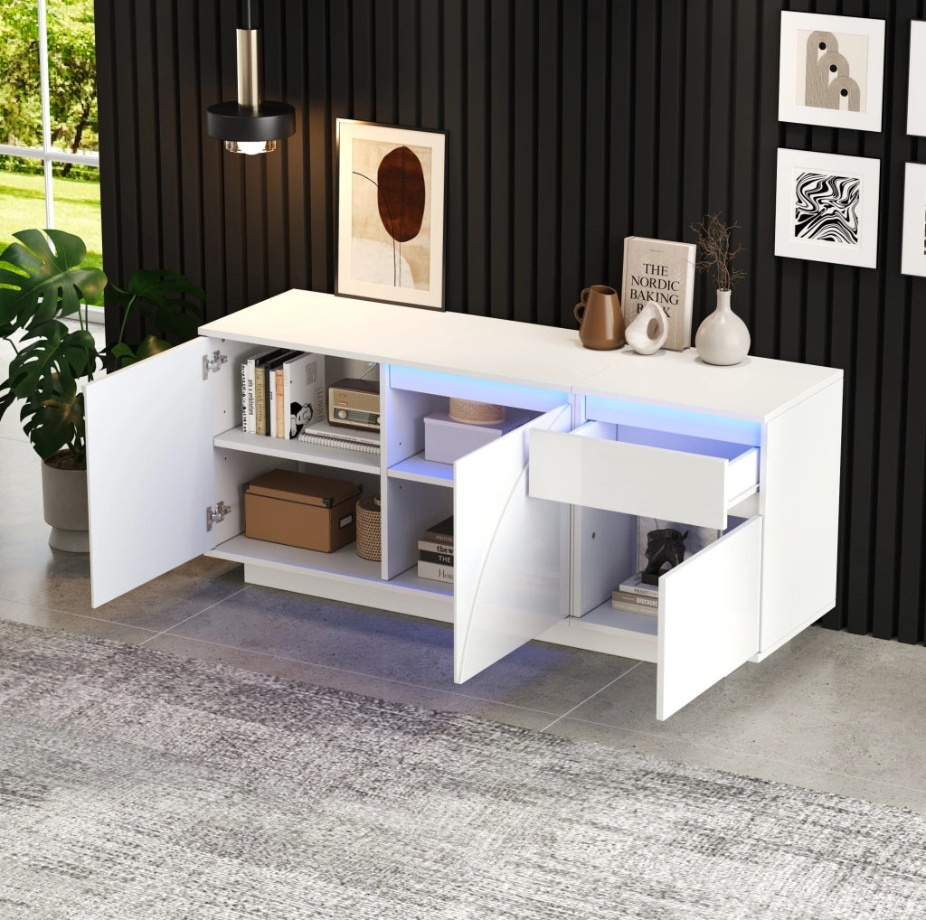 Credenza LED bianca 140x40x60 cm con 3 ante e cassetto