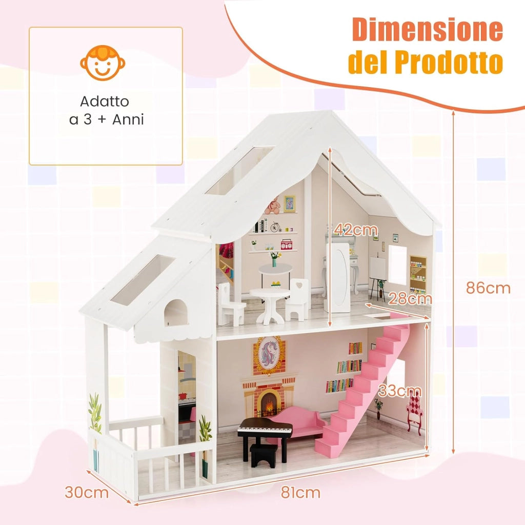 Casa delle Bambole in Legno per Bambini, Casetta delle Bambole con Stanze e Set di Mobili, 2 Grandi Lucernari e Carta da Parati, Regalo per Bambini 3+ Anni