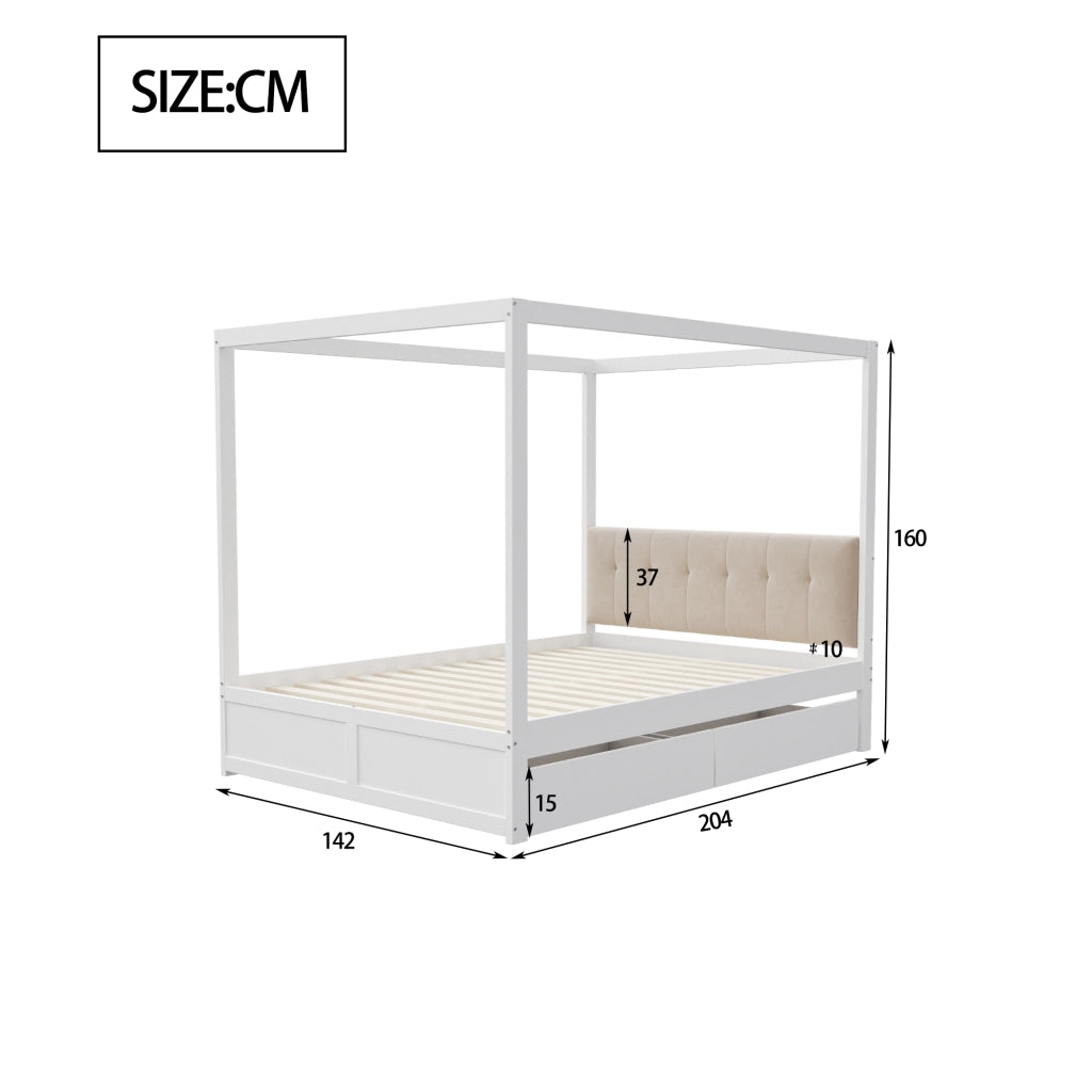 LETTO a tenda 140x200 cm con 2 cassetti e testiera imbottita bianco