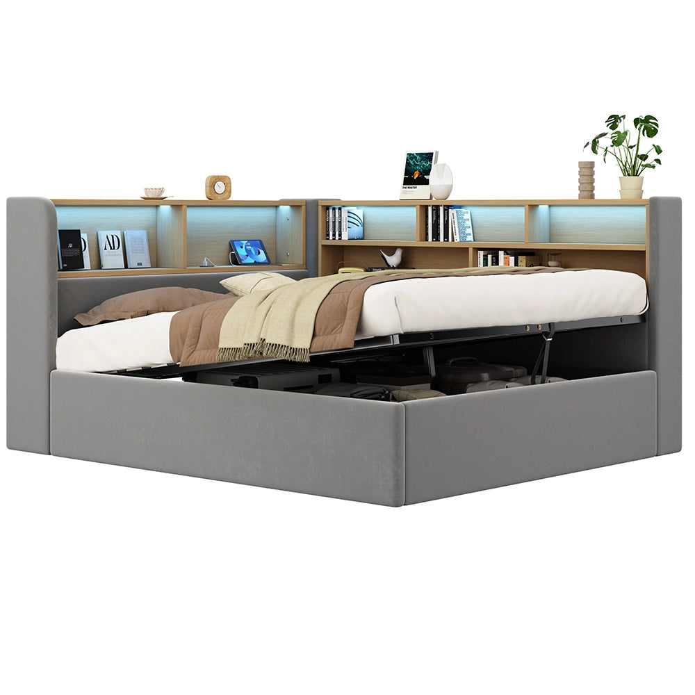 Divano letto con contenitore idraulico - Xylo - 140x200 cm - Grigio - LED, USB, velluto