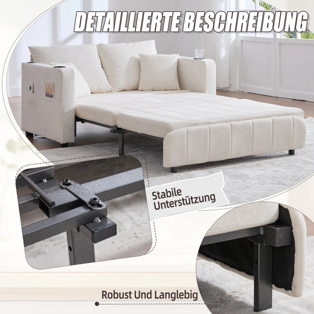 OKWISH Divano Letto 2 Posti, Funzione Letto con Tasca Laterale e Portabicchieri, Ciniglia, Beige, 139 x 83 x 58 cm