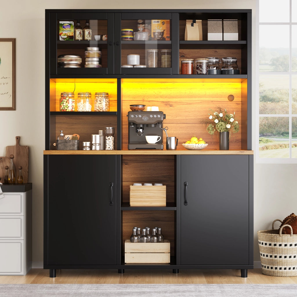 Armadio Alto con Ante Scorrevoli e Ripiani ¨C MINIMAL ¨C Nero con Venatura Legno, 185cm, LED