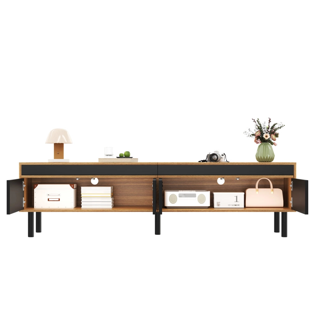 Mobile TV con 4 Ante e Apertura Push-to-Open; Effetto Doghe; Piedini in Legno; Stile Moderno; Nero; 170??38??47 cm