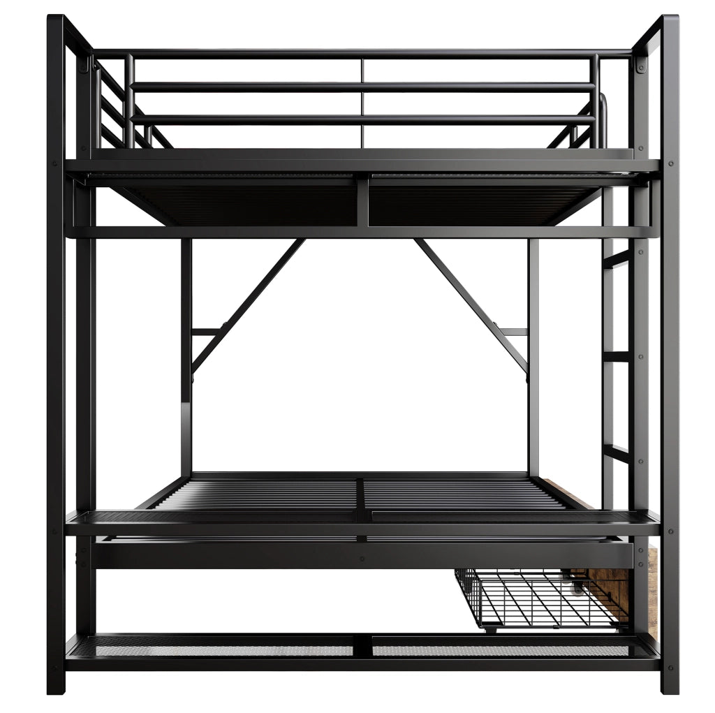 Letto a castello 140x200 cm in metallo e MDF con LED; 2 cassetti e ripiani; nero