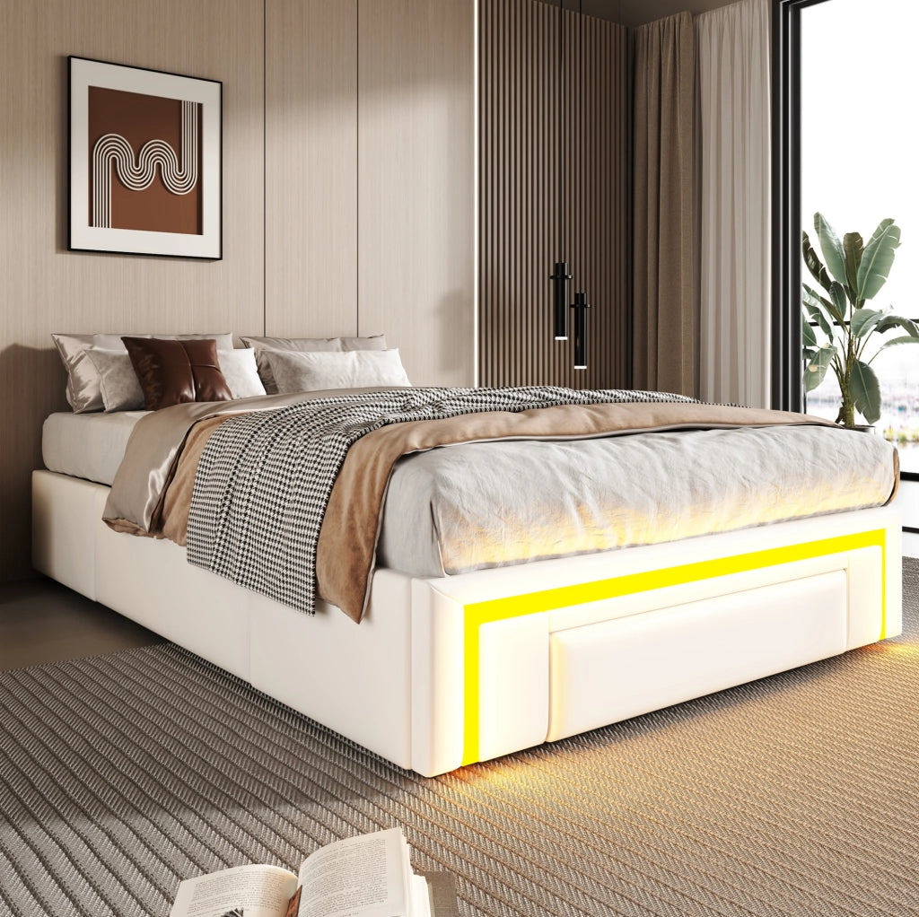 Letto imbottito 90x200 cm in PU bianco senza testiera con cassetti e LED RGB