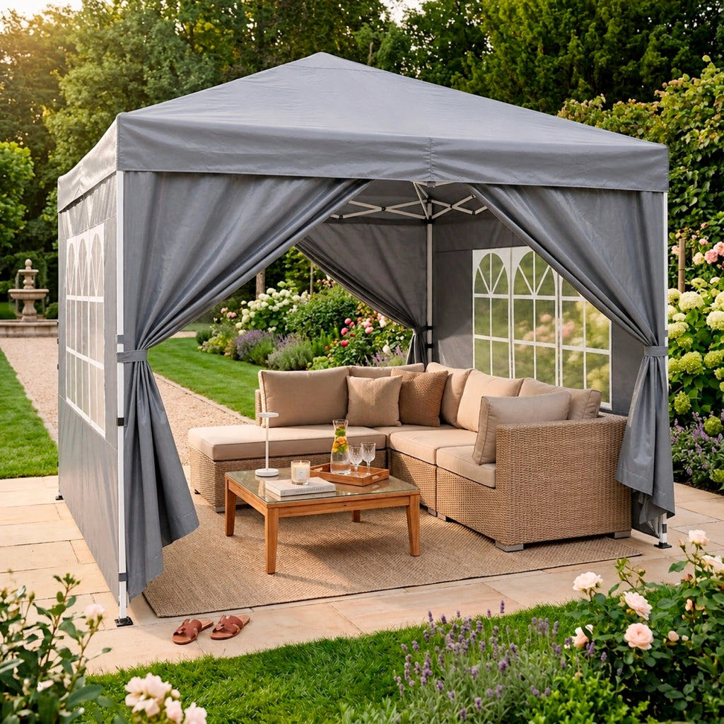 Gazebo Pop Up Da Esterno Con Pannelli Laterali Finestre Traslucide Copertura Impermeabile UV50+ Telaio Robusto In Acciaio Per Eventi E Giardino 3 x 3 x 2.59 m Grigio