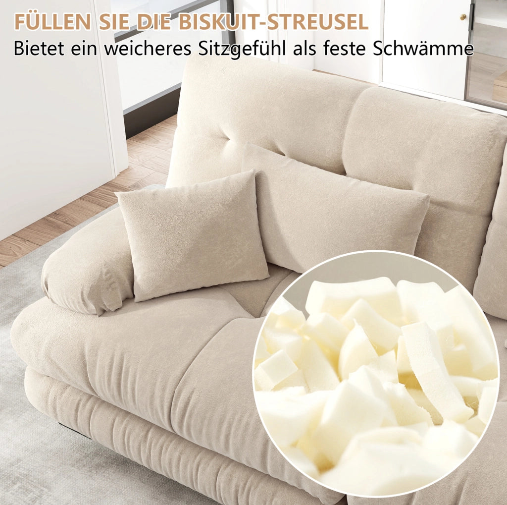 Divano modulare in ciniglia color caffè chiaro con 2 pouf; 2 cuscini lombari e 2 cuscini decorativi