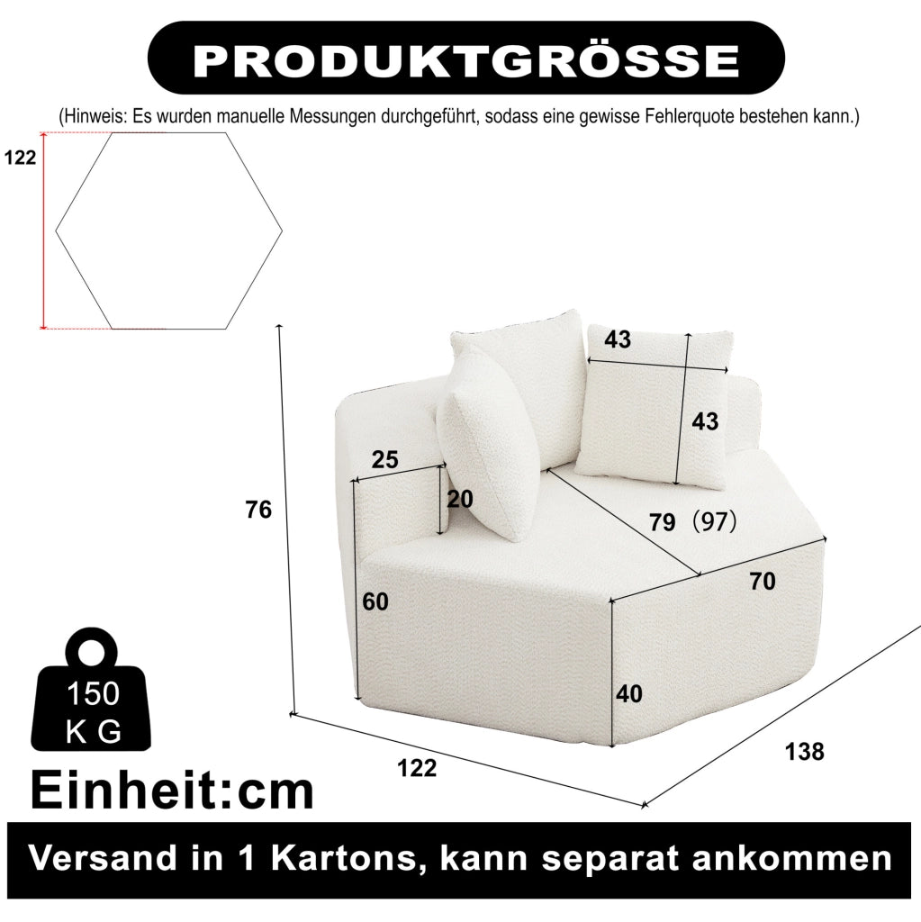Poltrona lounge modulare esagonale in chenille beige con 3 cuscini