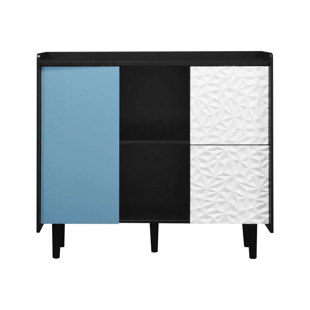 Credenza con 2 Cassetti; 2 Vani Aperti e 2 Ante; Stile Moderno; in MDF; Nero e Blu; 90??40??80 cm