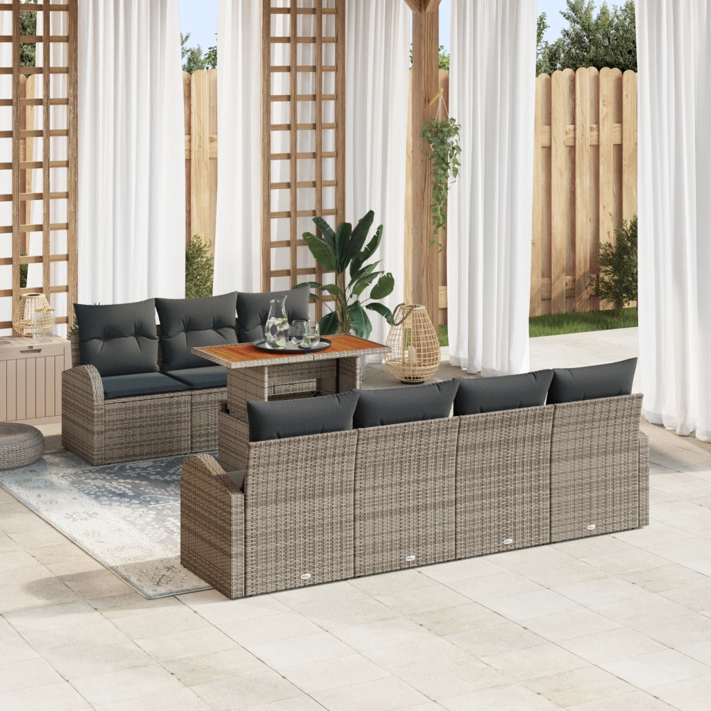 Set da Pranzo da Giardino da 8 Pezzi con Cuscini Grigio Polirattan Acacia