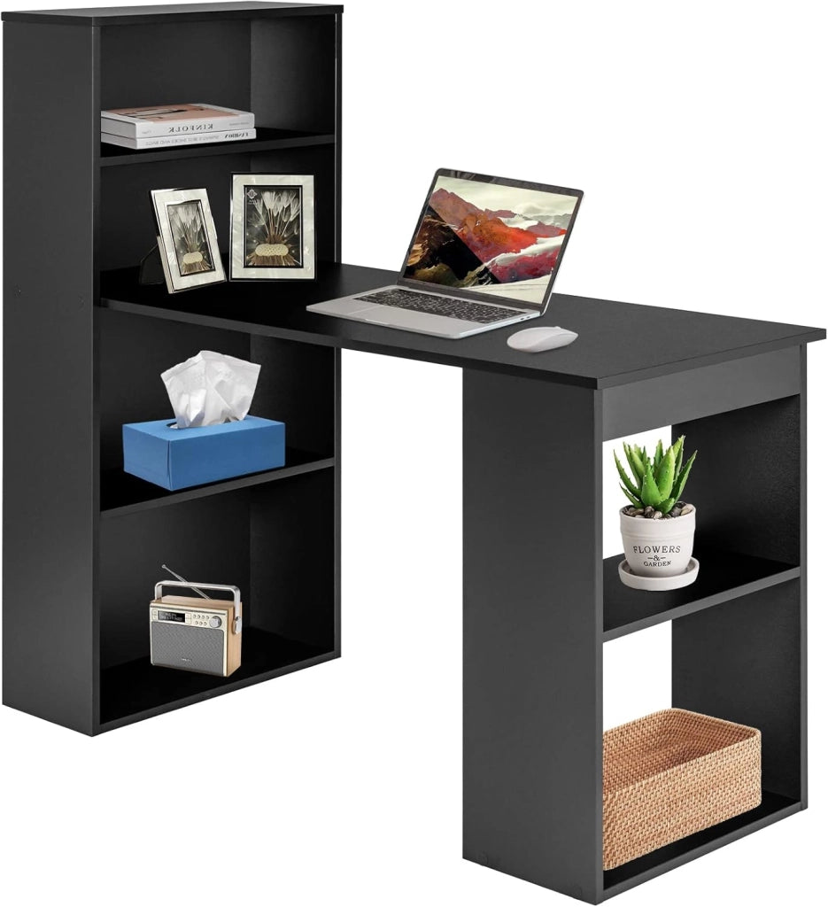 Scrivania con libreria, scrivania per computer, tavolo da ufficio con ripiano laterale destro o sinistro, tavolo da lavoro, 6 ripiani, tavolo da gioco, tavolo per computer portatile, in legno