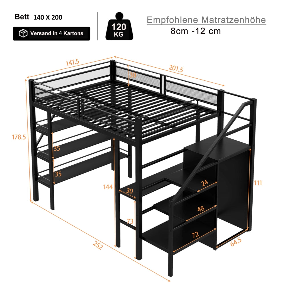 Letto a soppalco 140x200 cm con scrivania e armadio