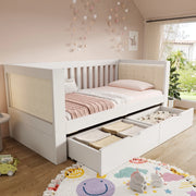Letto divano 90 × 200 cm con 2 cassetti, schienale a tre lati, senza materasso, in legno massello, bianco