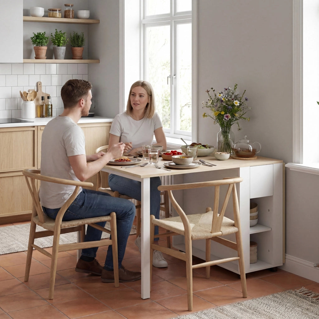 Tavolo Pieghevole per 6 Persone 168,2x85x73 cm con 2 Cassetti e 4 Ripiani in MDF e Legno di Pino Bianco
