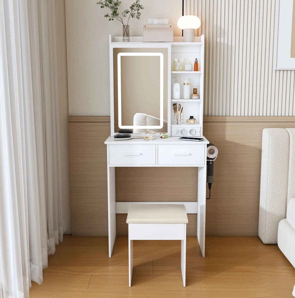 Toeletta bianca compatta 60x36x136 cm con specchio LED regolabile， presa e sgabello