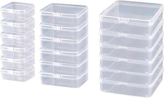 18 scatole di plastica trasparente con coperchio a cardine, 3 dimensioni, scatole di conservazione per gioielli, piccoli oggetti, carte, accessori, pailletten, 18 pezzi