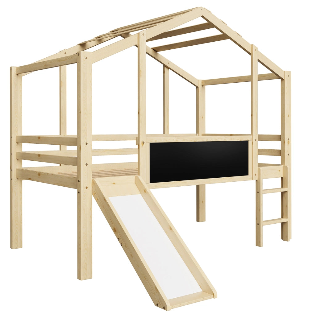 Letto a soppalco per bambini 90 x 200 cm in legno massello con scivolo e lavagna; bianco
