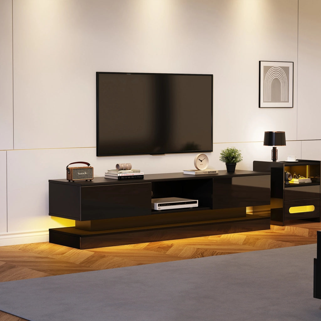 Mobile TV da Soggiorno Lucido con LED e 2 Cassetti ¨C MINIMAL ¨C Nero, 160x35x40,5 cm