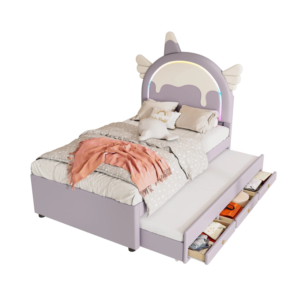 Letto Estraibile Letto Singolo 90 x 200 cm con Cassetto e Testiera Unicorno; senza Materasso; PU Viola