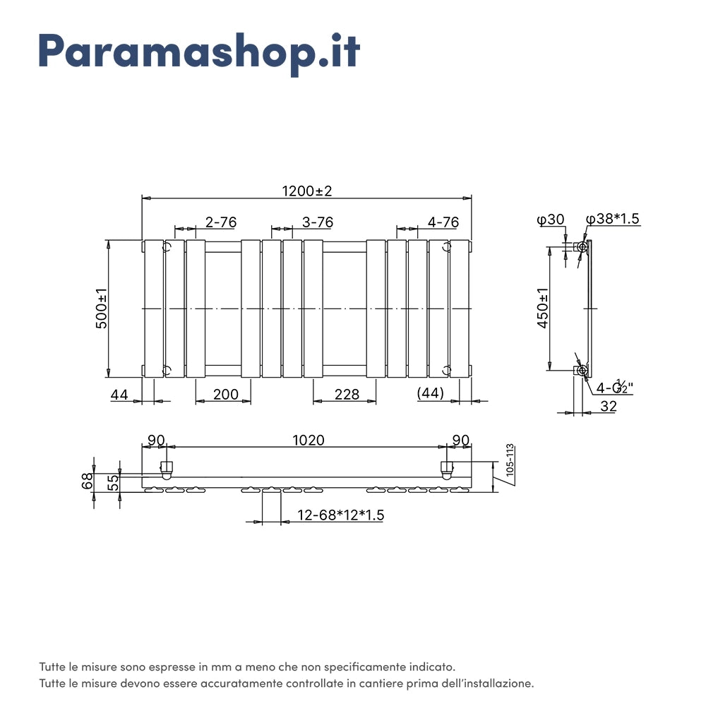 Termoarredo scaldasalviette 1200x500 nero opaco interasse 450 | Sirio