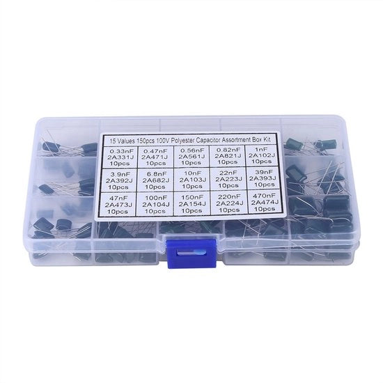Kit di Assortimento di Capacitori - 150 pezzi - Capacitori 100V - 0,33nF a 470nF - Elettronica - Componenti - Per progetti DIY - Diversi valori capacitivi