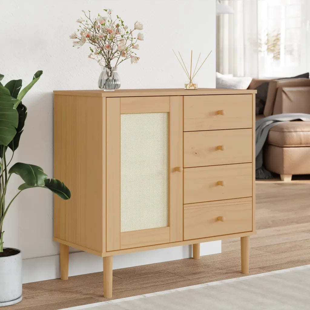 Credenza SENJA Aspetto Rattan Marrone 80x40x80 cm Massello Pino