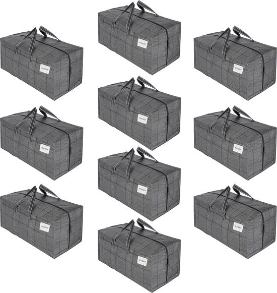 Set di 10 grandi assi di trasloco con cinture a schiena, aiuto al trasloco, maniglie robuste e chiusure a zip, contenitore per abbigliamento, sacchi di bucato, riutilizzabile e duraturo (grigio, confezione da 10 pezzi)