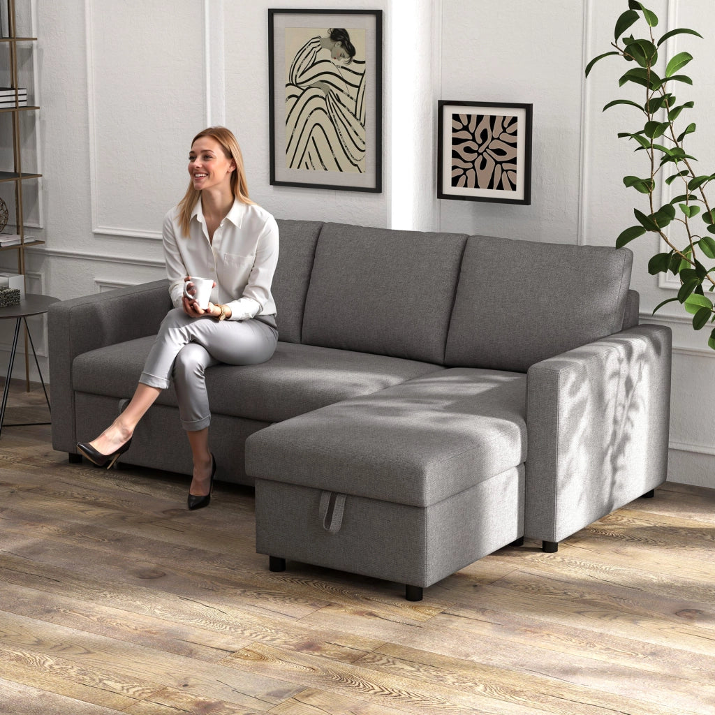 Divano angolare con funzione letto e contenitore ¨C Xylo ¨C tessuto grigio chiaro 211x146x85 cm