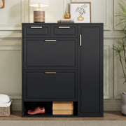Scarpiera con ripiani regolabili, 2 cassetti e vani aperti, per ingresso, in truciolare e MDF, nero, 95 × 24 × 107 cm