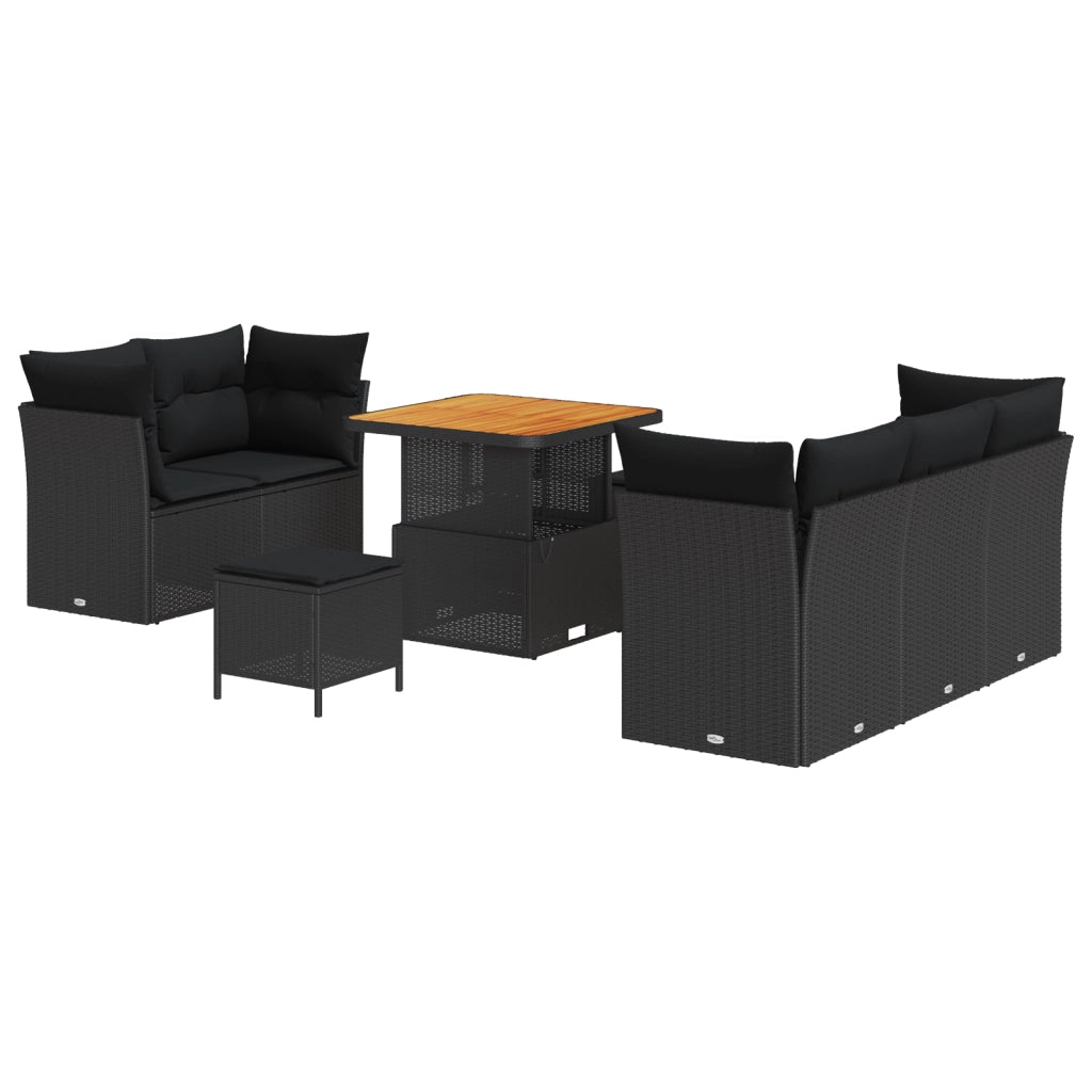 Set Divano da Giardino 8 Pezzi con Cuscini Nero Polyrattan Acacia