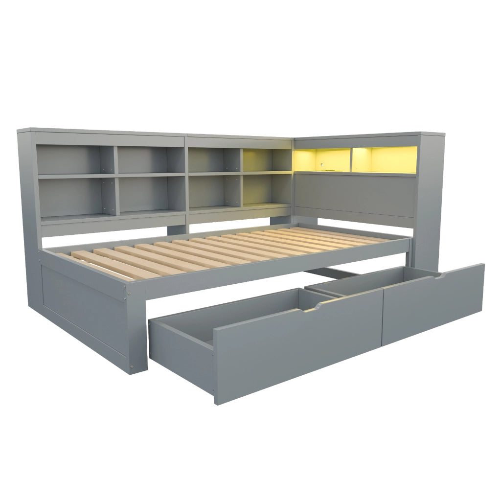 LETTO divano 90x200 cm con cassetti USB LED in legno grigio