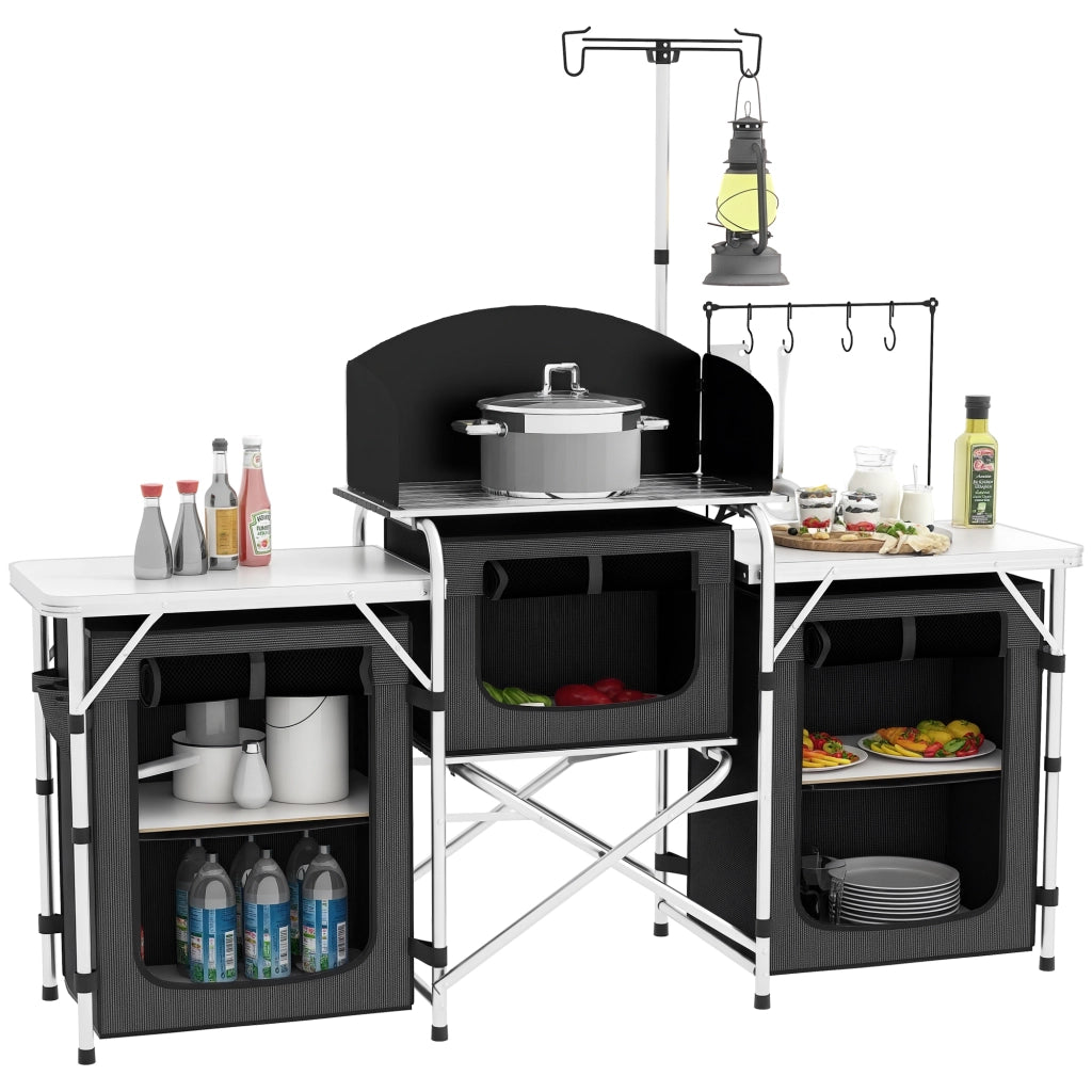 Cucina da Campeggio Pieghevole a 3 Piani con 5 Ripiani Interni e 4 Ganci, 172x48x130 cm, Nero