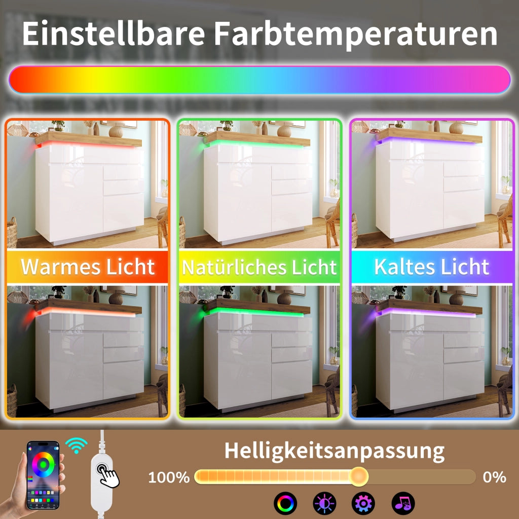 Cassettiera con 2 Ante e 3 Cassetti e LED con Controllo App; Finitura Lucida; in Pannello Truciolare; Bianco; 110??39??115 cm