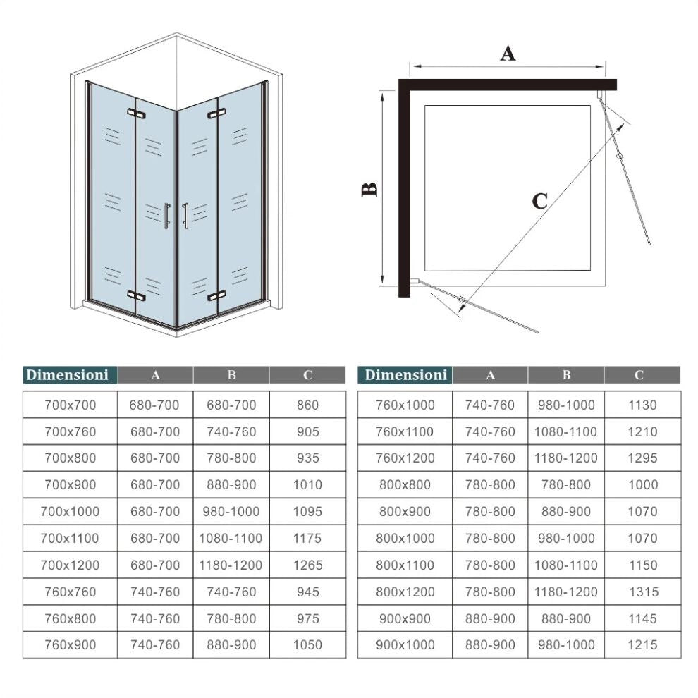 190 cm Box Doccia Angolare Doppia Porta Battente Pieghevole 70x70 cm in Vetro Temperato Trasparente 5 mm Anticalcare Telaio Nero Opaco