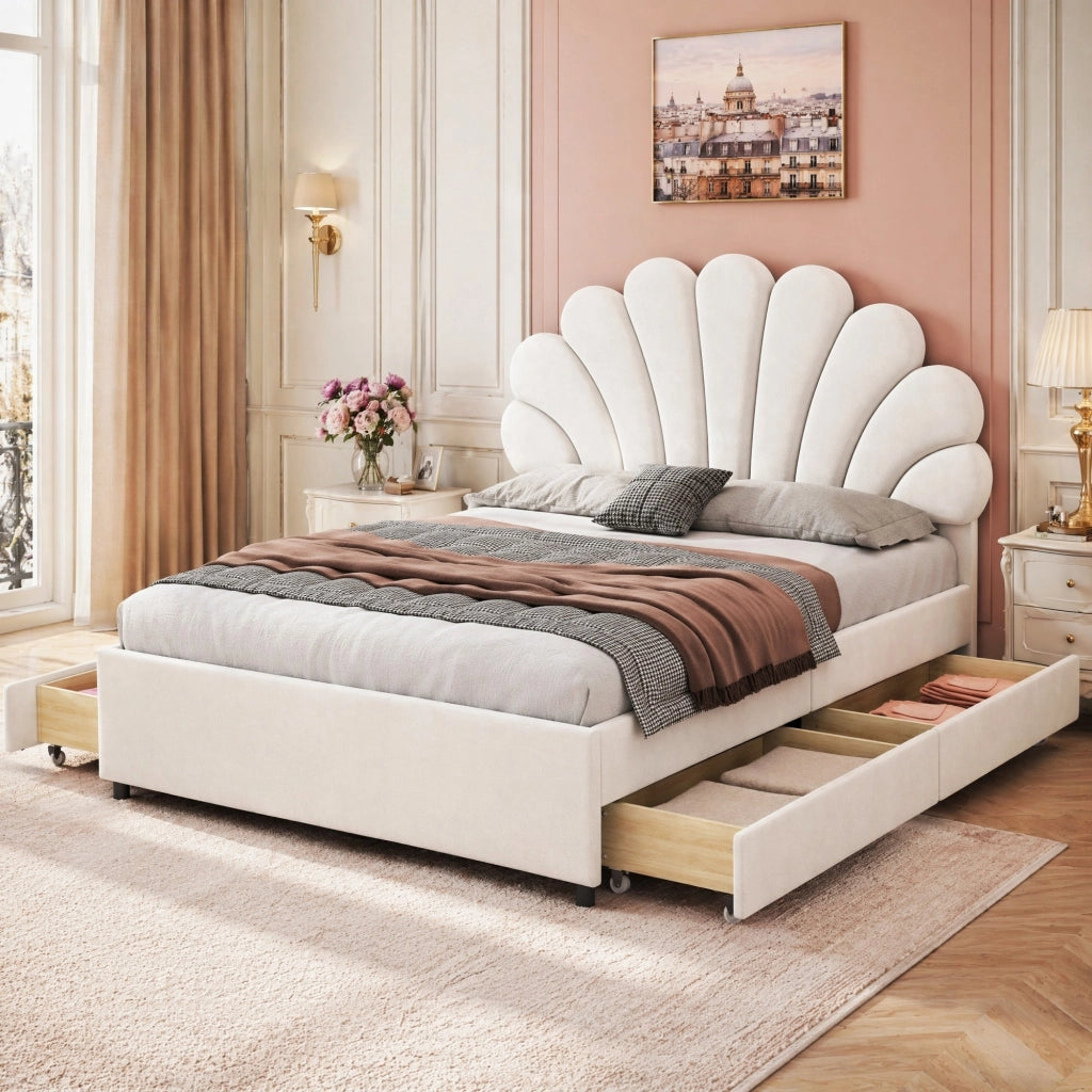 DESMIU Letto matrimoniale 140 × 200 cm 2 posti con 4 cassetti e testiera floreale, senza materasso, beige