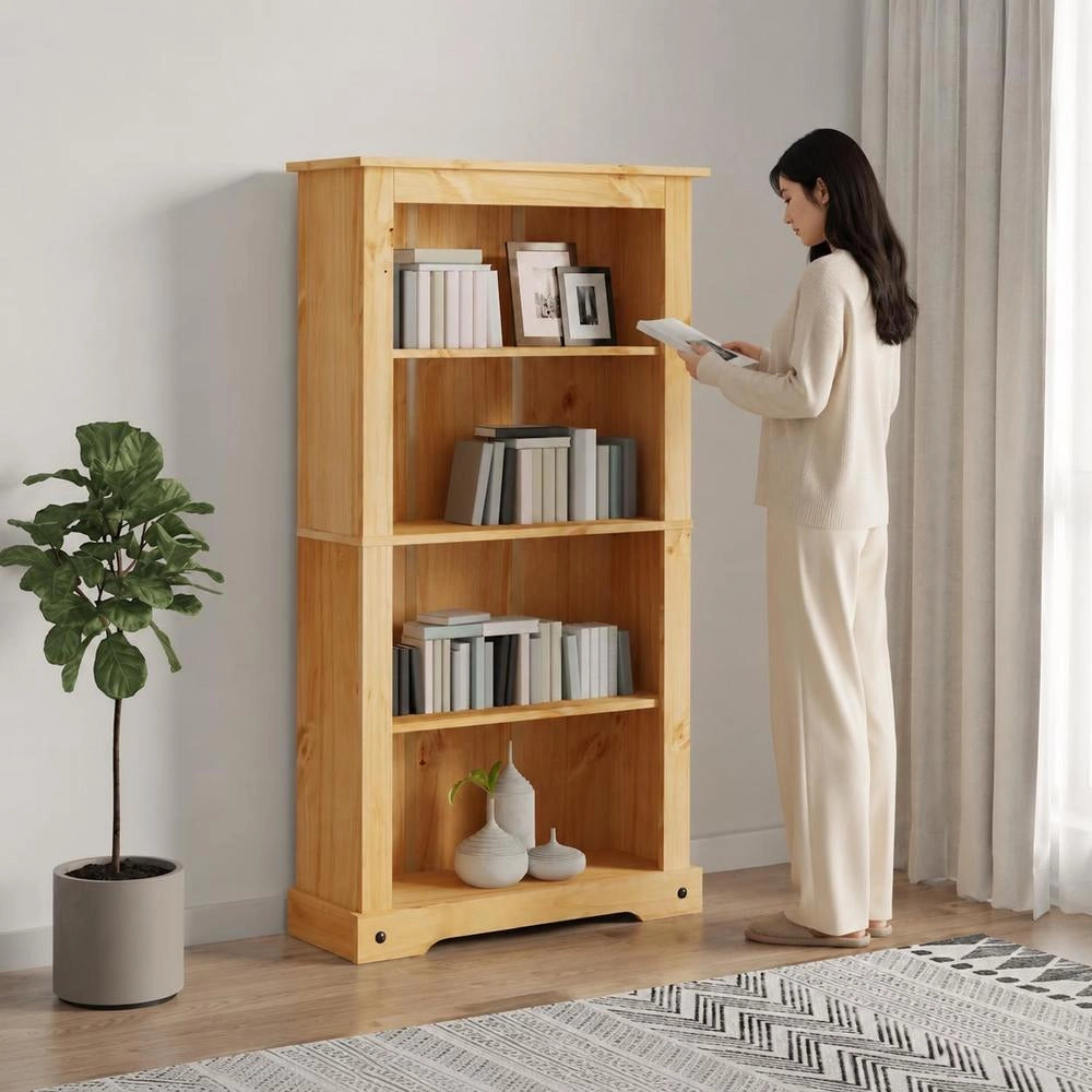 Bookcase With 4 Compartments, Mexican Style, Pine Wood, 80x29x150 Cm