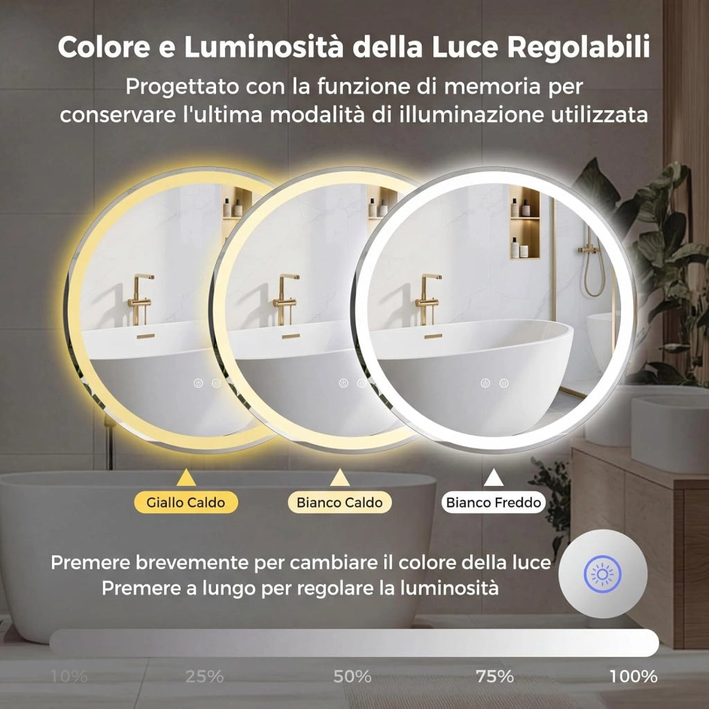 Specchio Rotondo LED con Luce da 80 cm, Specchio da Bagno da Parete con Luminosità Regolabile, Touch Intelligente, Funzione Memoria e Design Anti-Appannamento, per Ingresso (80 cm x 2,8 cm)