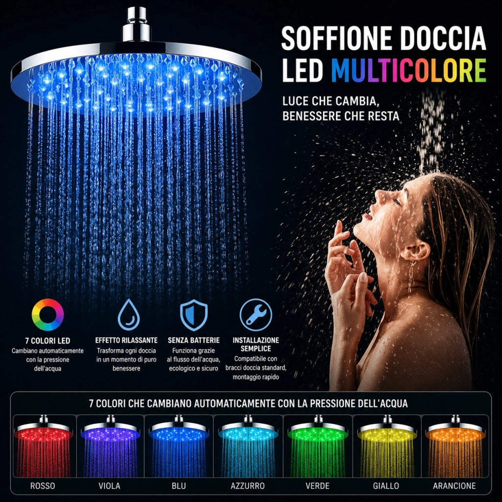 Soffione Doccia LED Cromoterapia 7 Colori RGB Rotondo 20 cm Multicolore 79906
