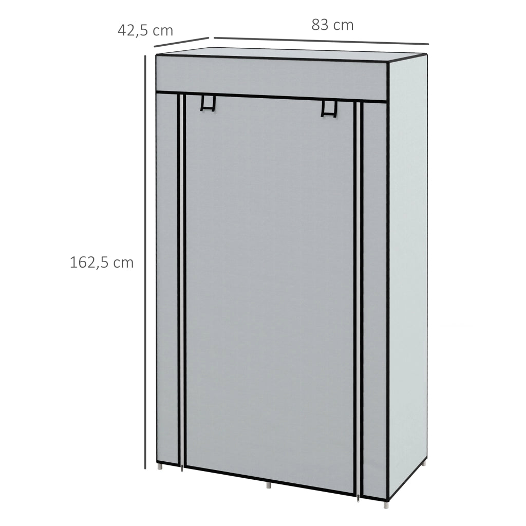 Armadio portatile in tessuto grigio chiaro con 5 ripiani, asta appendiabiti e chiusura a zip