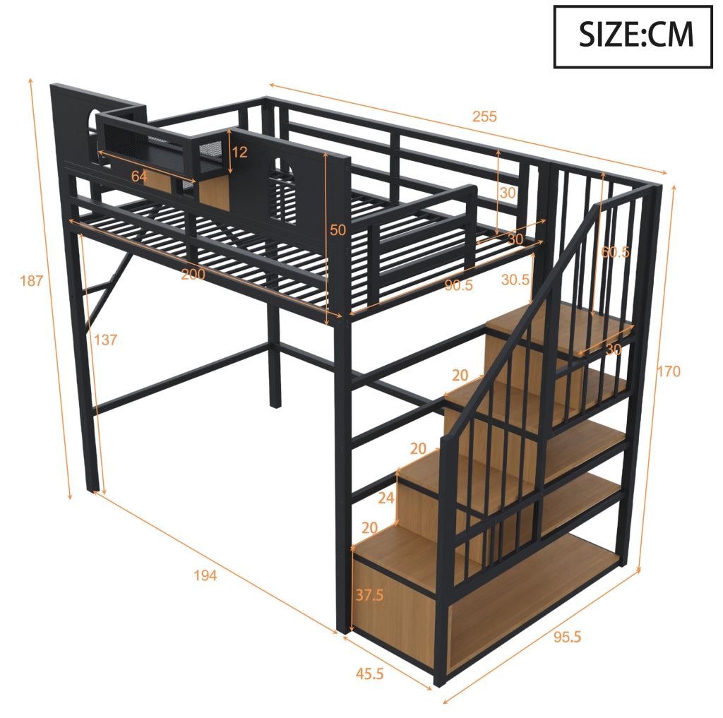 Letto a soppalco in metallo 90x200 cm con scala contenitore e luce; nero