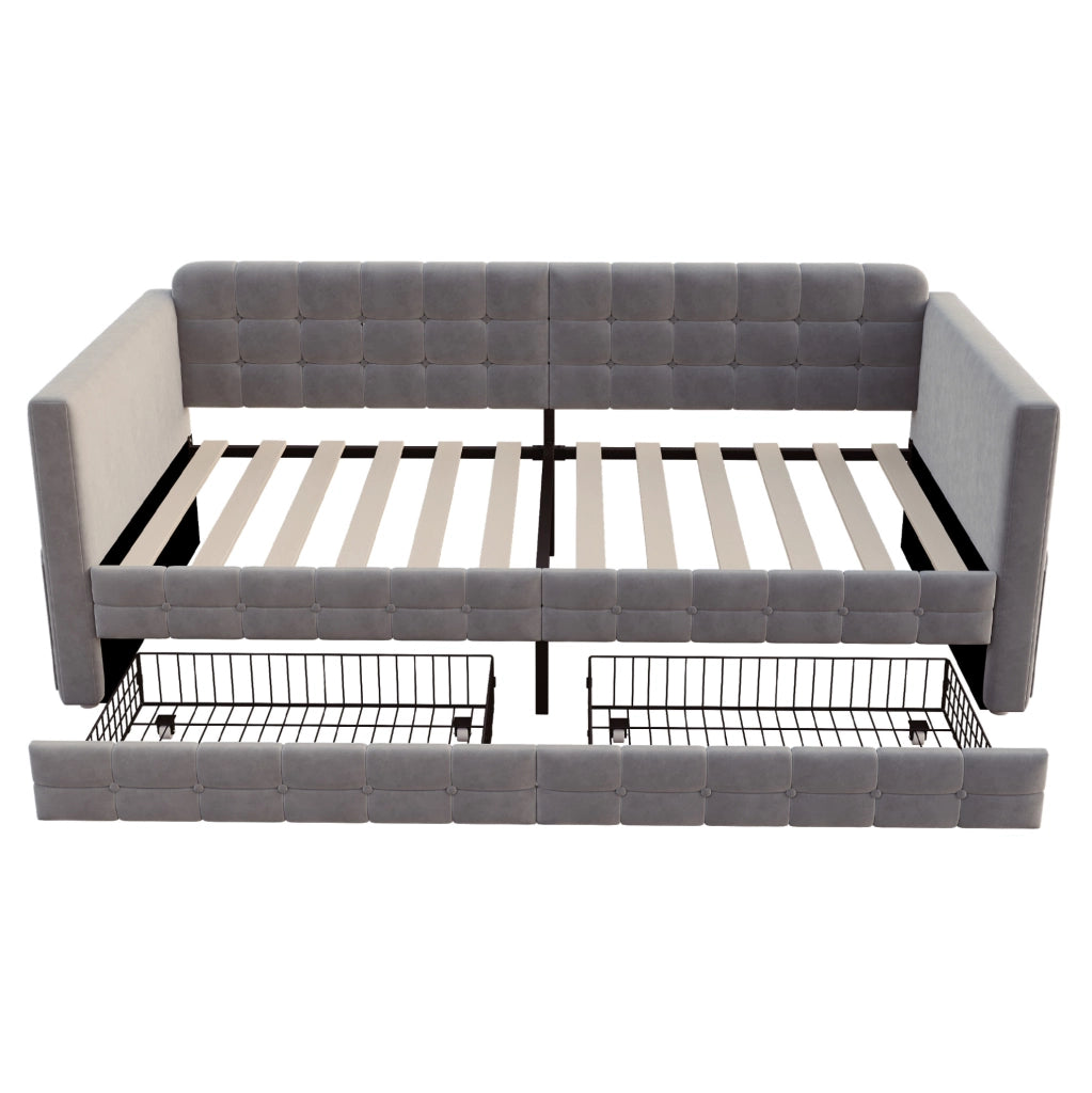 LETTO Imbottito 90x190 cm Grigio in velluto con 2 cassetti e tasche laterali