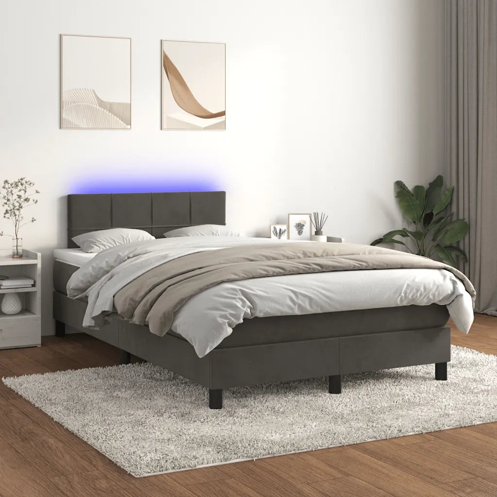 Letto a Molle con Materasso e LED Grigio Scuro 120x190cm in Velluto