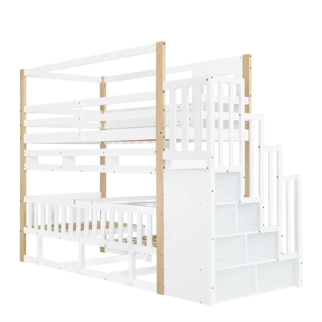 Letto a Castello 90x200 cm - Tavolo Pieghevole Regolabile; Scala Contenitore e Libreria