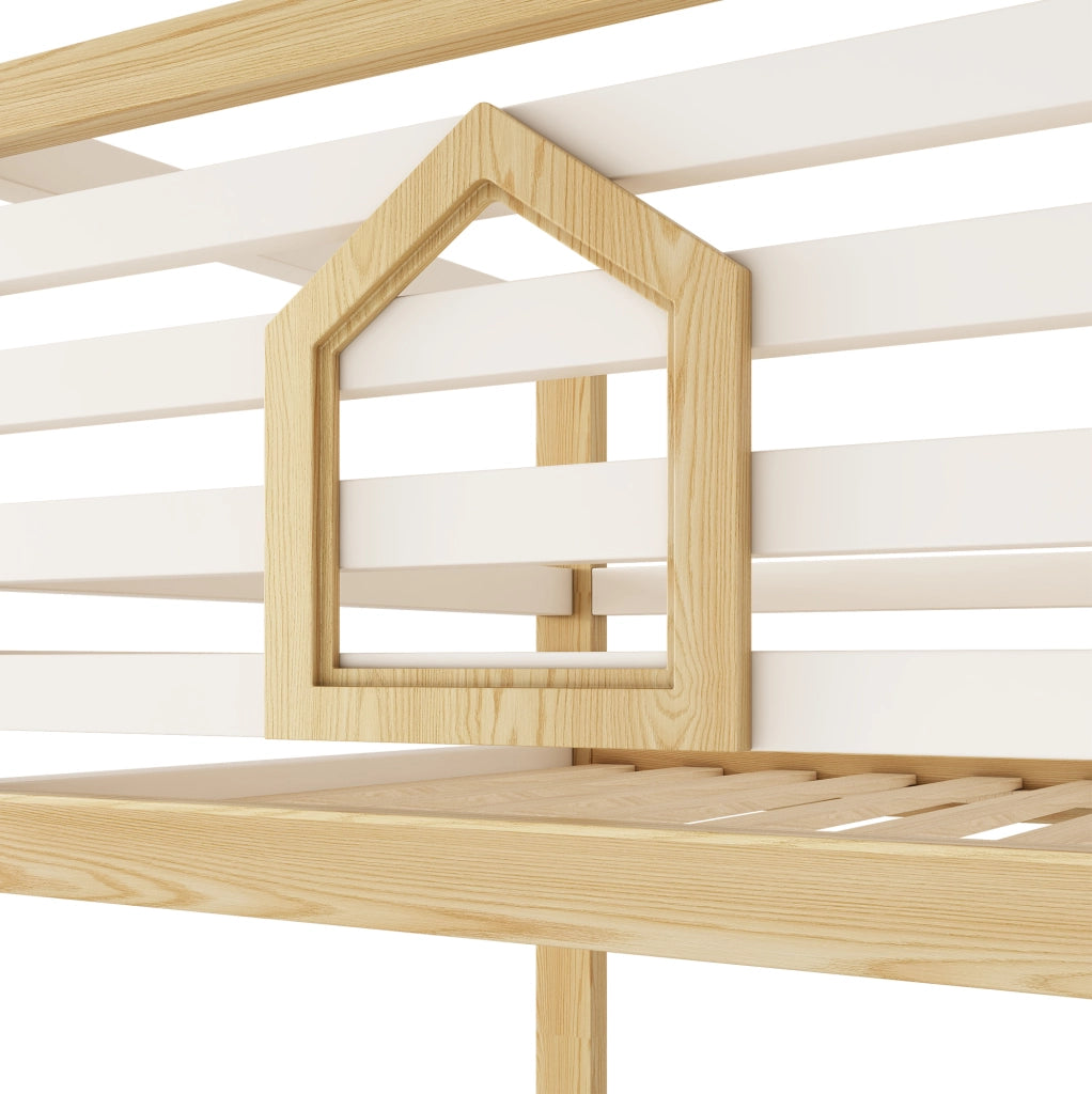 Letto a castello per bambini 90x200 cm in legno; stile casetta; bianco e rovere con scala dritta e contenitore