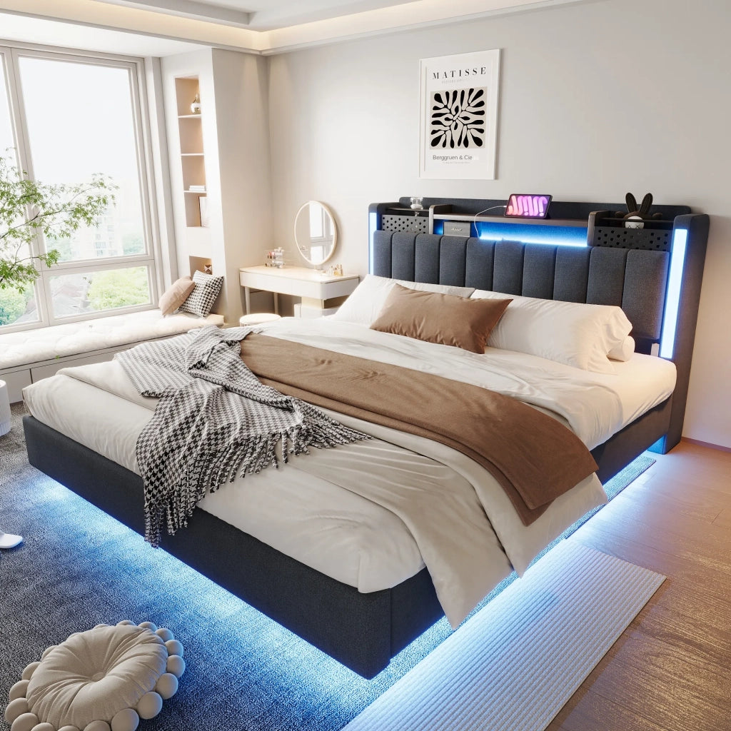 Letto matrimoniale imbottito 160x200 cm con LED; USB; testiera contenitore e rete; grigio