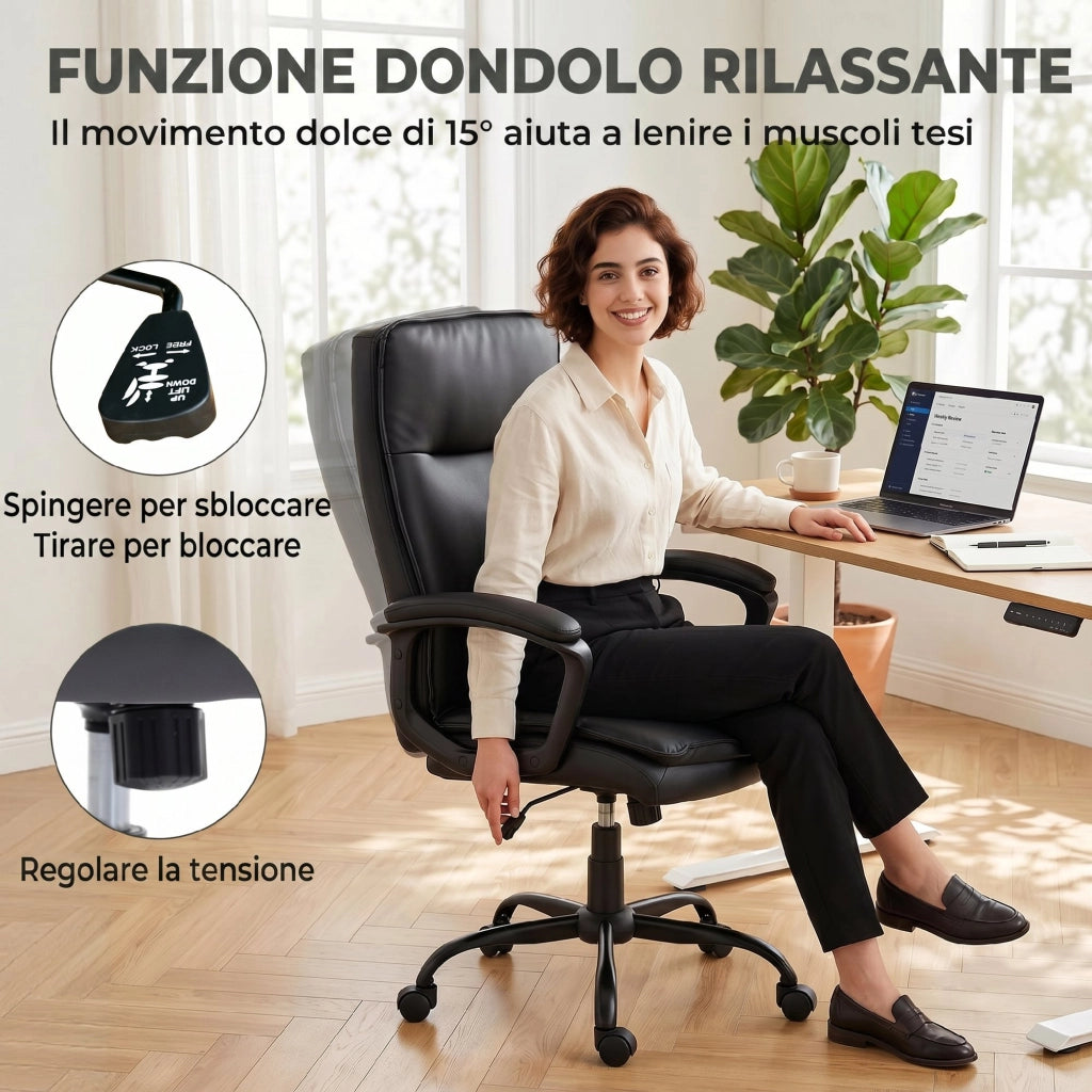 Sedia Ufficio Girevole 66x70x109-119 cm Funzione Dondolo Schienale Alto Capacità 120kg in Pelle PU Nero
